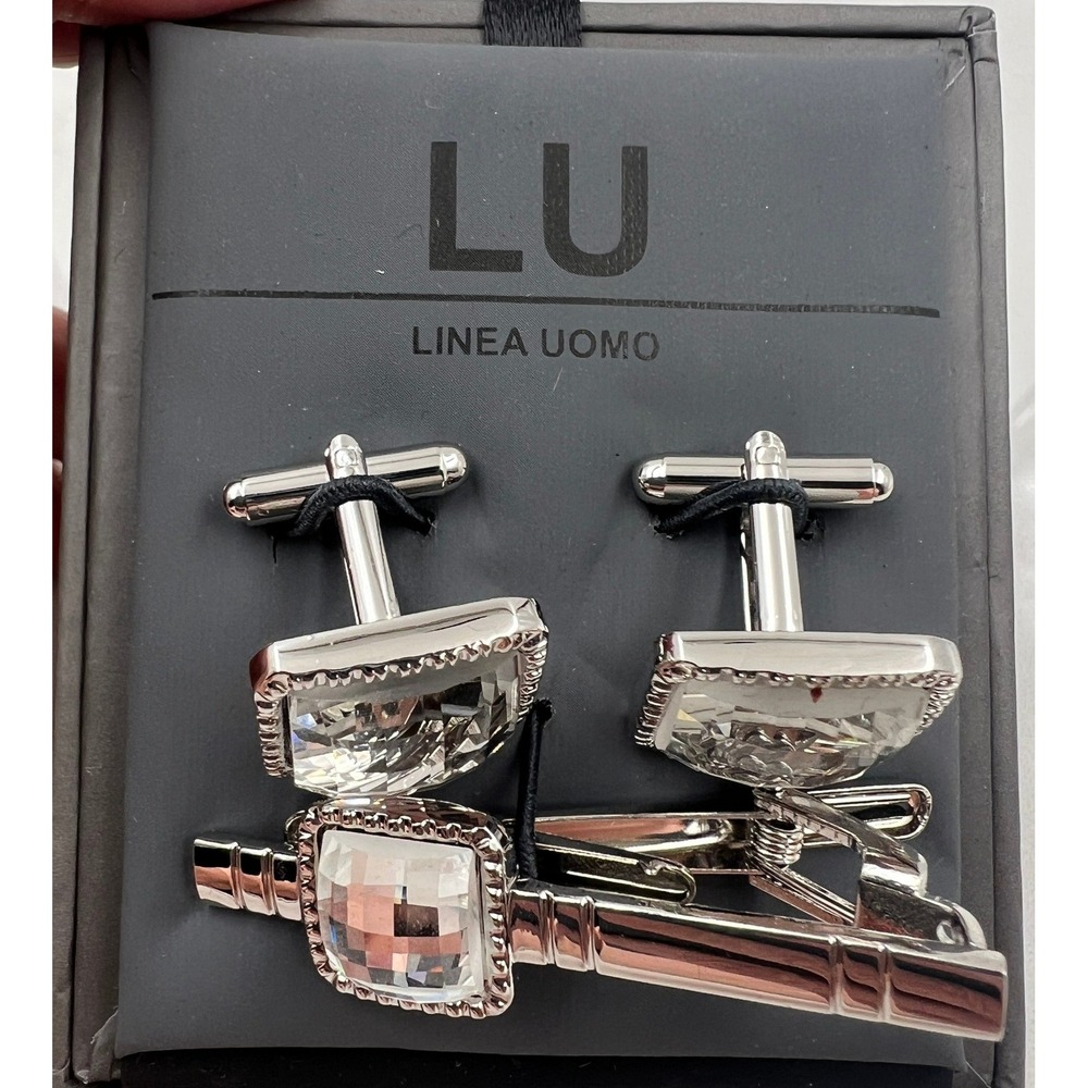 Linea Uomo Cufflinks & Tie Bar Set Men's Silver Tone Crystal NIB